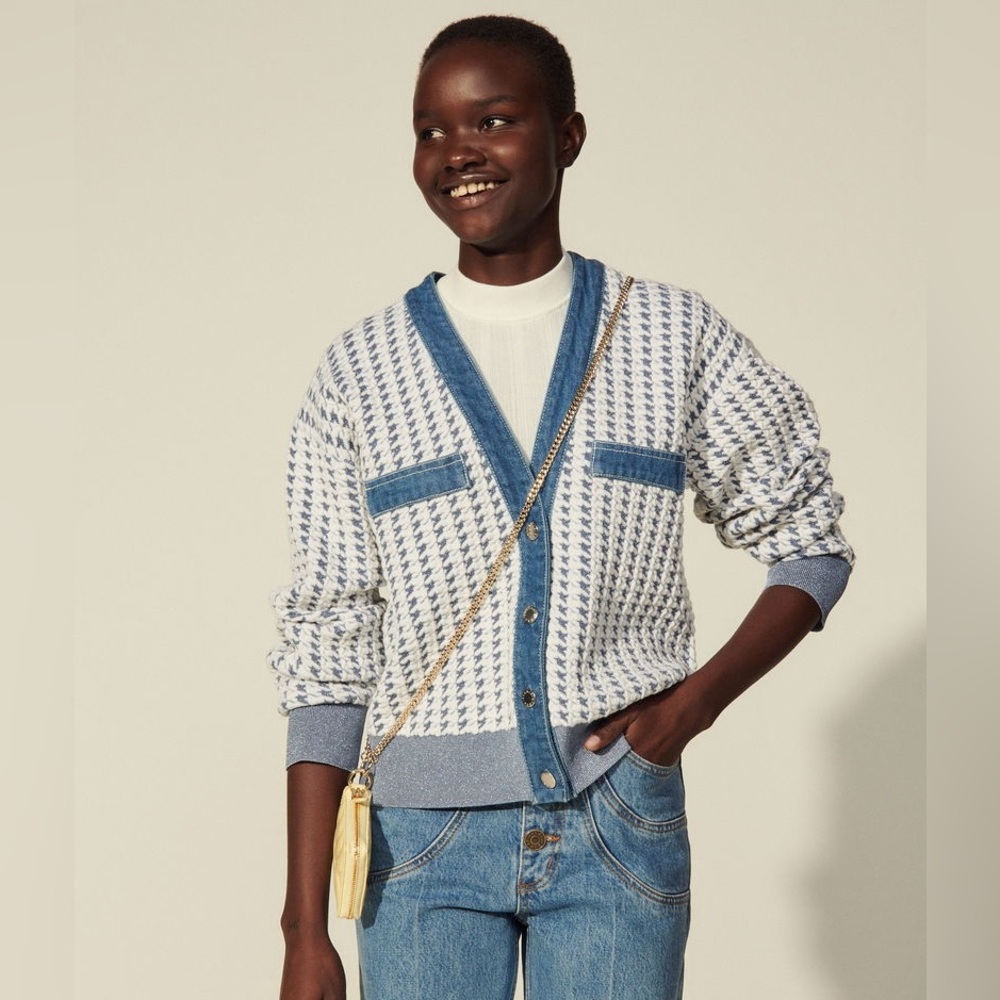 Sandro Tweed and Denim Cropped Cardigan size 1 - Picture 3 of 11
